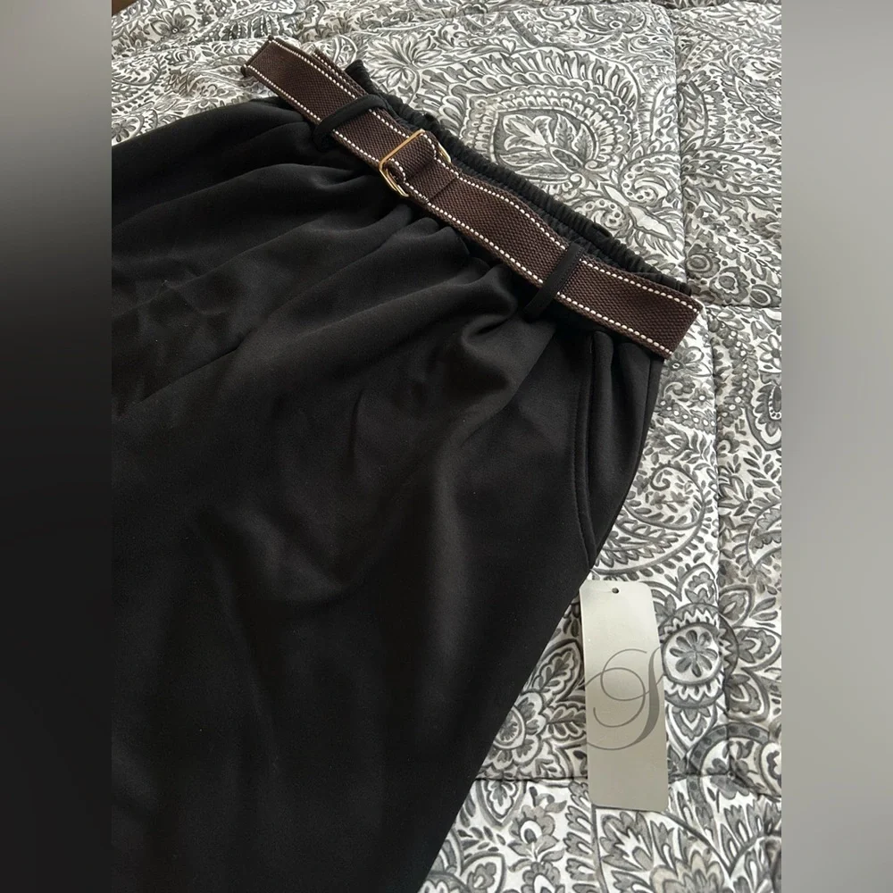 Sweetissima Italian Black Work Pants Belted Stretch Waist Tailored Trousers NWT - Picture 2 of 4
